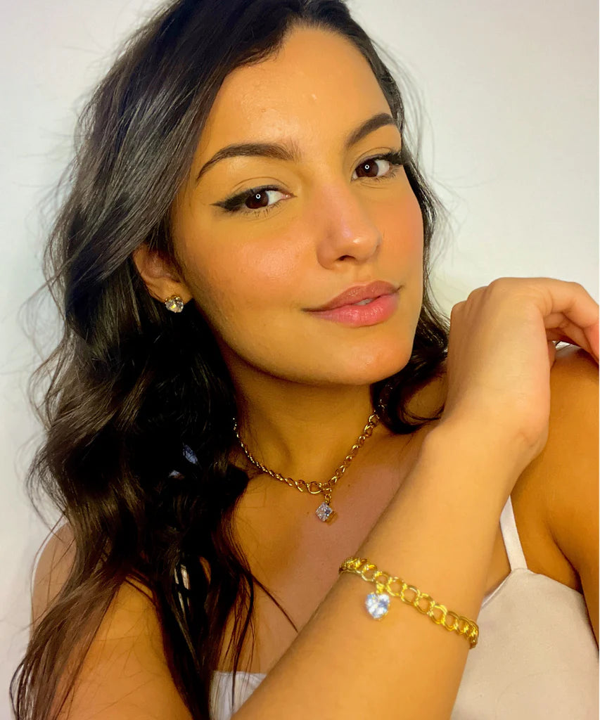 Conjunto Colar e Pulseira Grumet e Brincos de Diamante de Coração