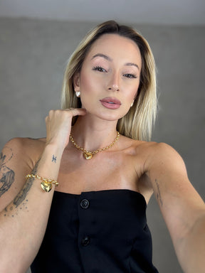 Conjunto Colar e Pulseira Elo Português e Brincos de Coração Banhado a Ouro 18k