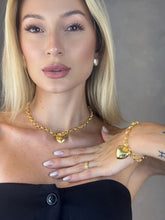 Conjunto Colar e Pulseira Elo Português e Brincos de Coração Banhado a Ouro 18k